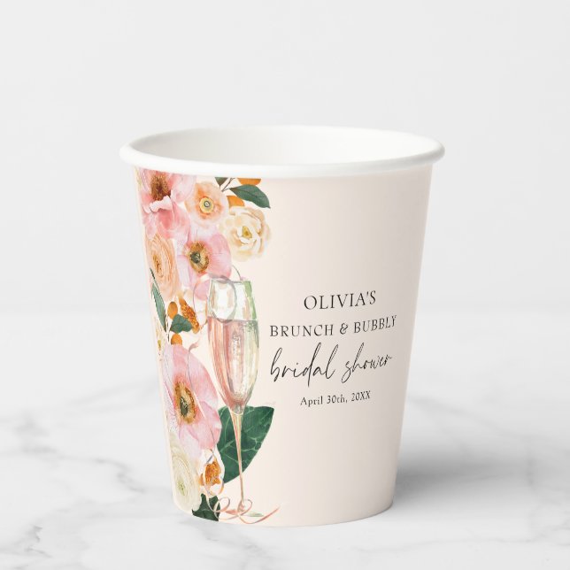 Vasos De Papel Desayuno Boho Rosa Floral y Champán Burbujeante (Anverso)