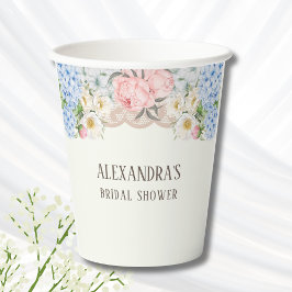 Vasos De Papel Desayuno de novia con Hortensia Azul Peonía Marfil