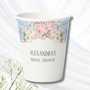 Vasos De Papel Desayuno de novia con Hortensia Azul Peonía Marfil