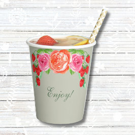 Vasos De Papel Desayuno Nupcial Verde Salvia con Durazno Rosa y P