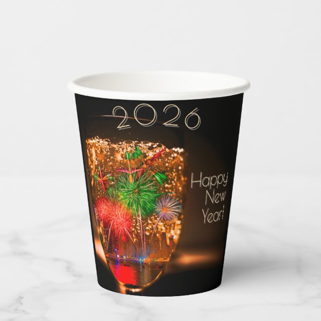 Vasos De Papel Deseos 2026 con fuegos artificiales y burbujas (Anverso)