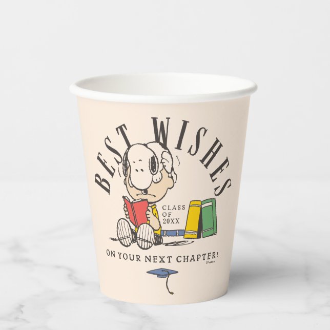 Vasos De Papel Deseos de graduación de Peanuts Snoopy leyendo (Anverso)