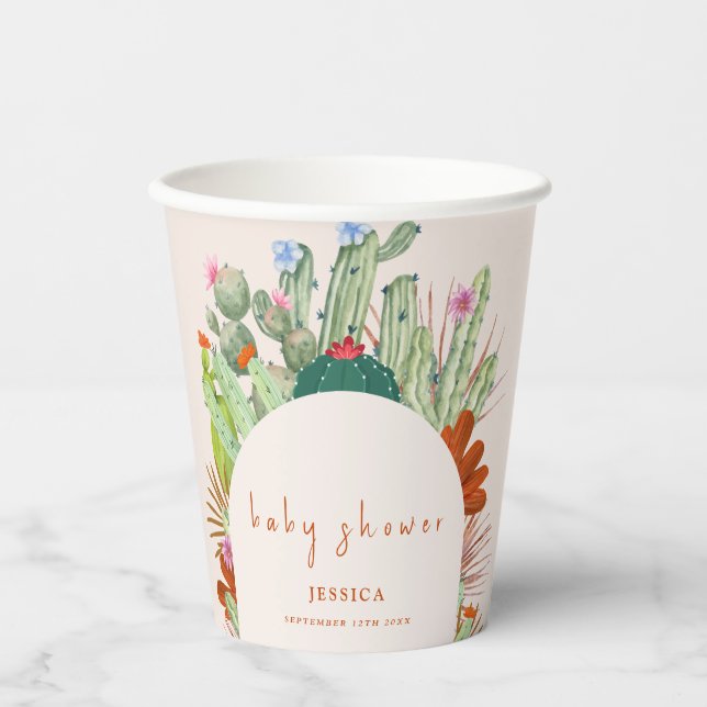 Vasos De Papel Desierto del Arco de Boho Cactus Pampas Baby Showe (Anverso)