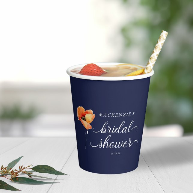 Vasos De Papel Despedida de Soltera Azul Marino Amapola Dorada (Navy Blue Golden Poppy Bridal Shower Paper Cups)