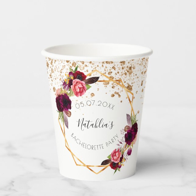 Vasos De Papel Despedida de soltera burgundy floral blanco brillo (Anverso)