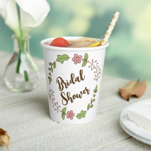 Vasos De Papel Despedida de soltera con hojas verdes y flor rosa
