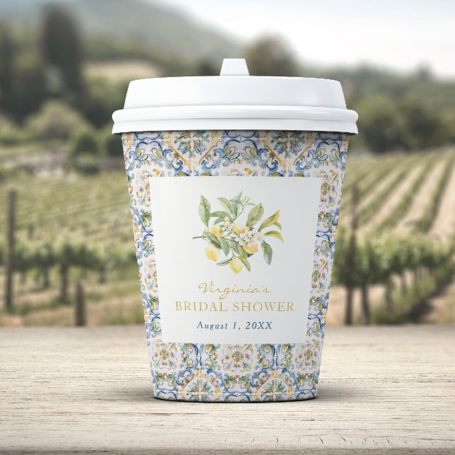 Vasos De Papel Despedida de soltera con limón (Italian Lemon Blue Bridal Shower Paper Cups by Painted Paperie
)