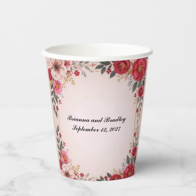 Vasos De Papel Despedida de soltera con temática floral en rosa (Anverso)