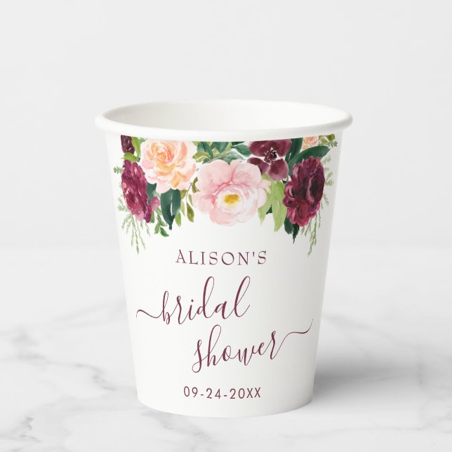 Vasos De Papel Despedida de soltera floral borgoña y rubor (Anverso)