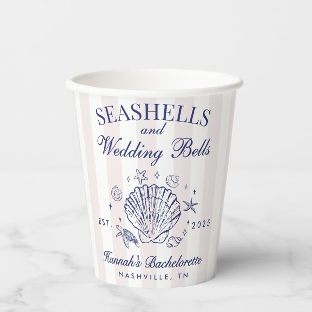 Vasos De Papel Despedida de soltera Retro Pink Seashells & Weddin (Anverso)
