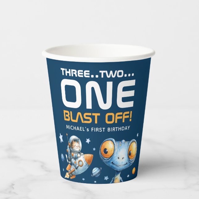 Vasos De Papel Despegue del espacio exterior Alien Cute  1er Cump (Anverso)
