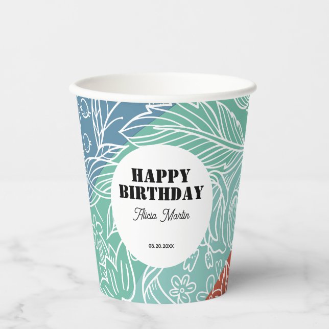 Vasos De Papel Día de cumpleaños con flores de arcoiris retro Gro (Anverso)