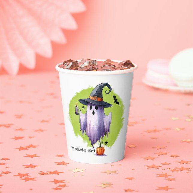 Vasos De Papel DÍA DE MUERTOS Fantasma con sombrero de bruja y ca (in situ)