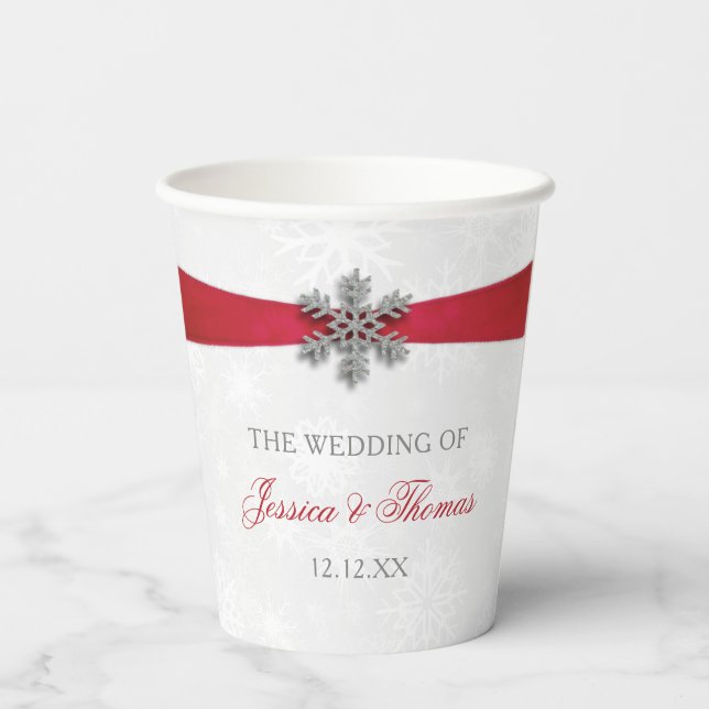 Vasos De Papel Diamante Snowflake & Red Ribbon Boda de Invierno (Reverso )