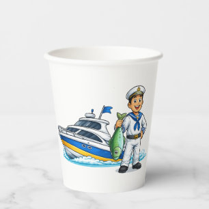Vasos De Papel Dibujo animado de marinero con yate y pez Arte náu