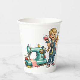 Vasos De Papel Dibujo animado de niña cosiendo con máquina vintag