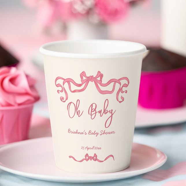 Vasos De Papel Dibujo de garrapatas rosados con lazo de arco de b (Pink ribbon bow scribble sketch baby shower paper cups personalized tableware decor)
