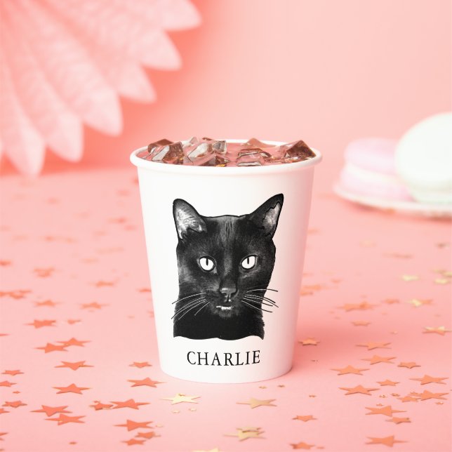 Vasos De Papel Dibujo de mano personalizado para gato negro (in situ)
