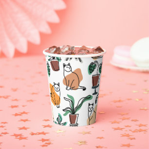 Vasos De Papel Dibujo en línea de gatos y flores