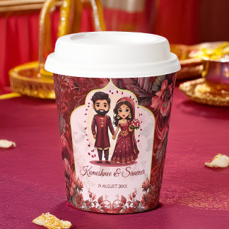 Vasos De Papel Dibujo personalizado de pareja de novios indios de