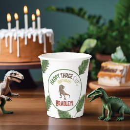 Vasos De Papel Dino de acuarela de tres cumpleaños