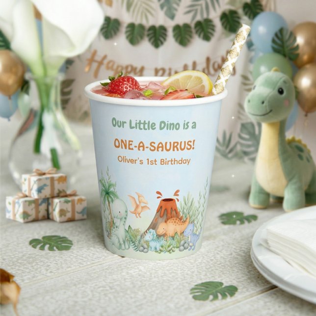 Vasos De Papel Dinosaur One-A-Saurus 1st Birthday (One-A-Saurus Dinosaur 1st Birthday Paper Cup)