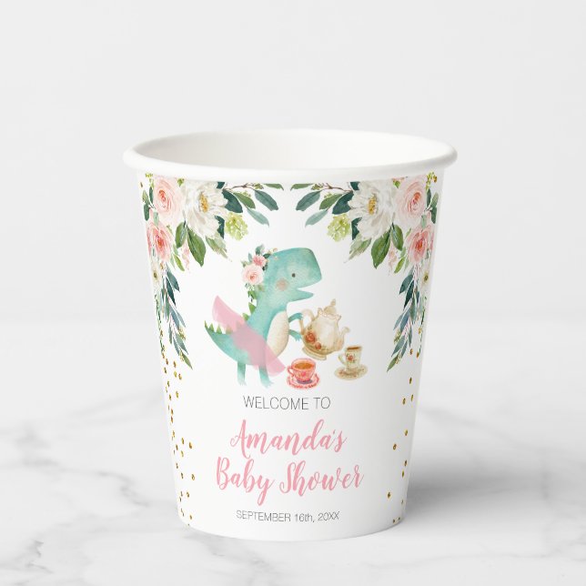 Vasos De Papel Dinosaur Tea Fiesta Birthday Baby Shower Floral (Anverso)