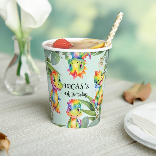 Vasos De Papel Dinosaurio arcoiris mágico lindo Fiesta de cumplea (in situ)