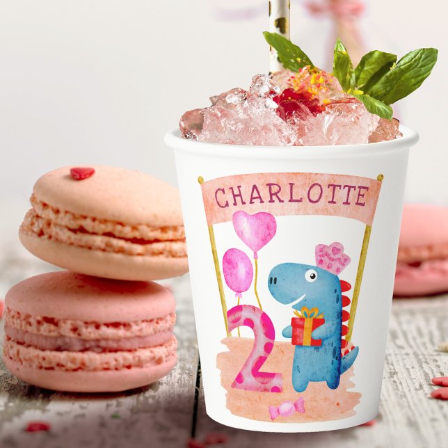 Vasos De Papel Dinosaurio Cute Girly Personalizado 2 Años Cumplea (Subido por el creador)