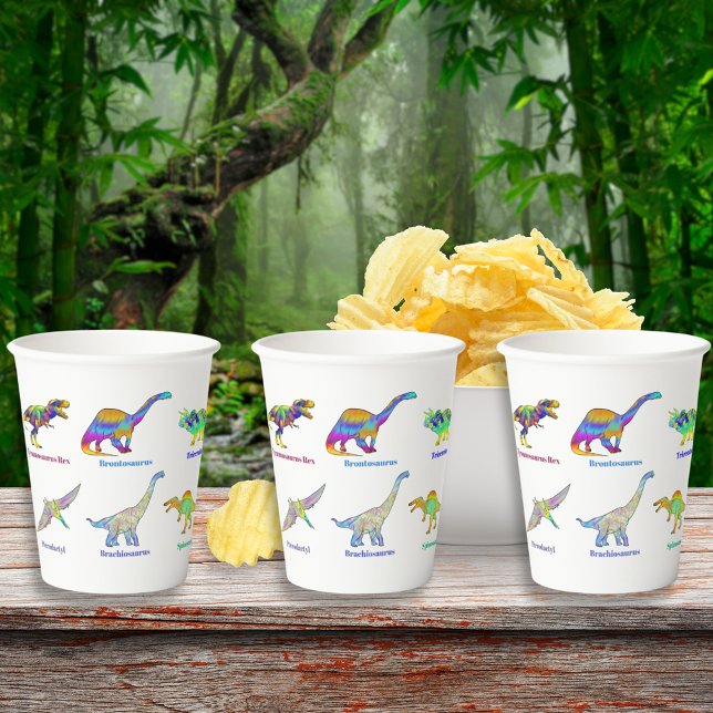 Vasos De Papel Dinosaurios coloridos con nombres (Colorful dinosaurs with names dino birthday party paper cups T-Rex velociraptor brontosaurus )