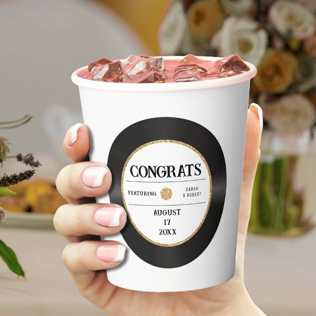 Vasos De Papel Disco de vinilo con brillo dorado retro Felicidade (Retro Gold Glitter Vinyl Record Congrats Wedding Paper Cups
)