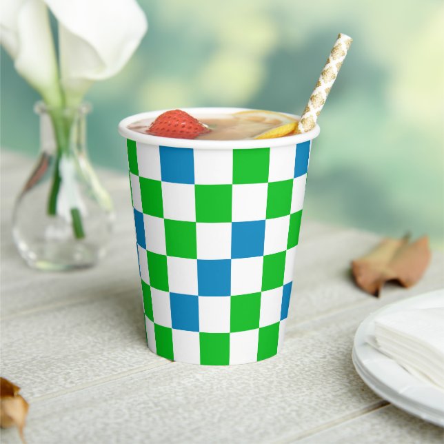 Vasos De Papel Diseño a cuadros azul blanco verde (in situ)
