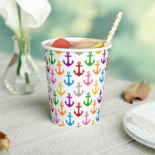 Vasos De Papel Diseño de Ancla de Barco Colorida Blanca