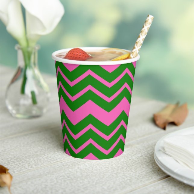 Vasos De Papel Diseño de Chevron Zigzag Verde Rosa (in situ)