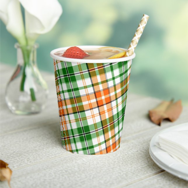 Vasos De Papel Diseño de cuadros escoceses naranja verde blanco (in situ)