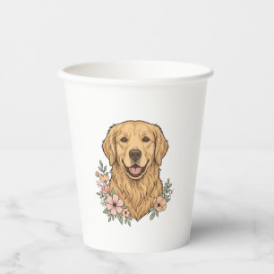 Vasos De Papel diseño de grabado vintage floral de Golden Retriev