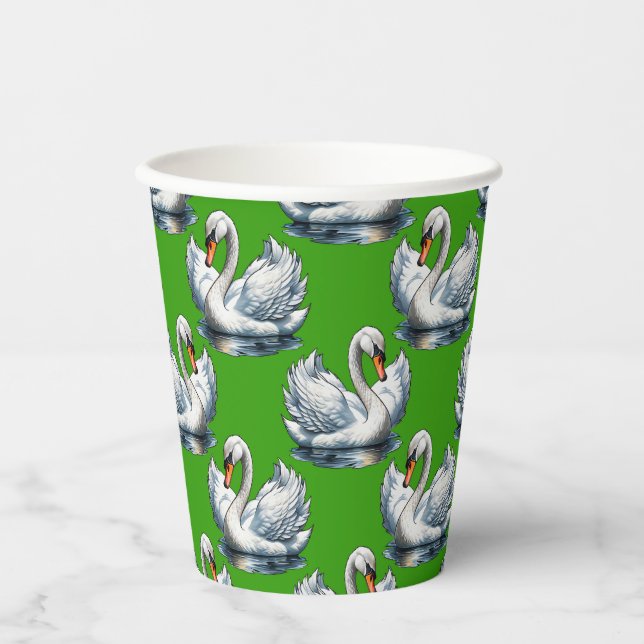 Vasos De Papel Diseño de patrón de cisnes sobre verde (Anverso)