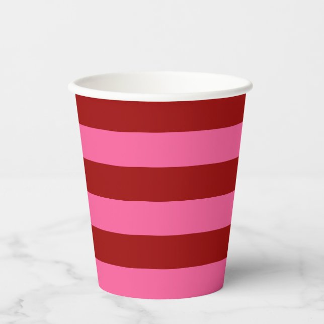 Vasos De Papel Diseño de rayas rojas granate rosadas (Anverso)
