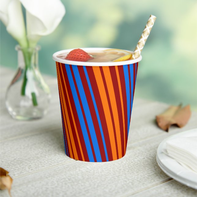 Vasos De Papel Diseño de rayas verticales naranja rojo azul   (in situ)