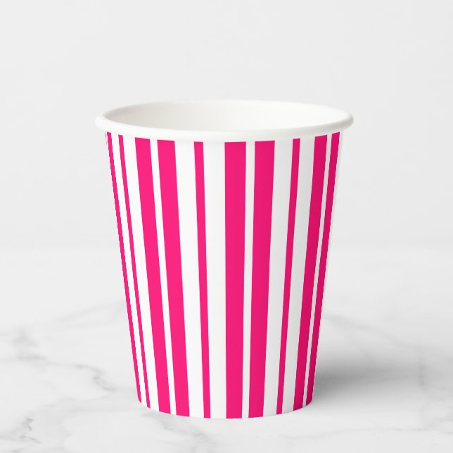 Vasos De Papel Diseño de rayas verticales rosadas en blanco (Anverso)