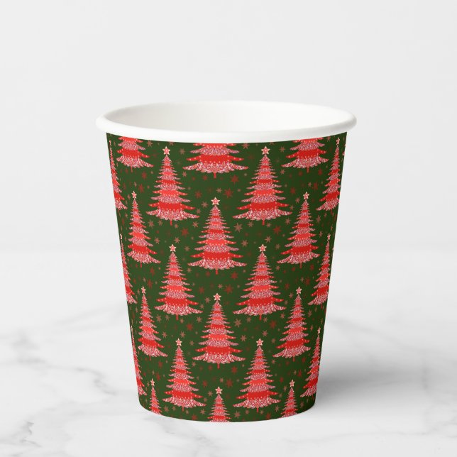 Vasos De Papel Diseño del patrón verde rojo del árbol de Navidad (Anverso)