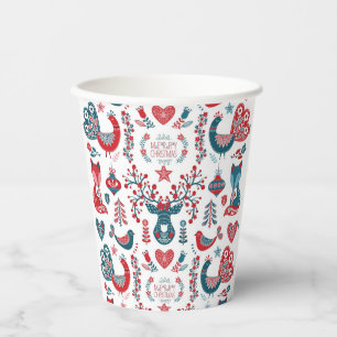 Vasos De Papel Diseño navideño nórdico folk de color azul marino