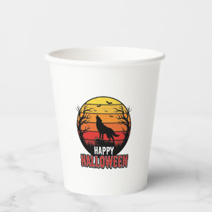 Vasos De Papel Diseño vectorial vintage de lobo aullador feliz Ha