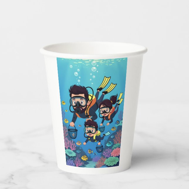 Vasos De Papel Diversión Familiar en Buceo Subacuático (Anverso)