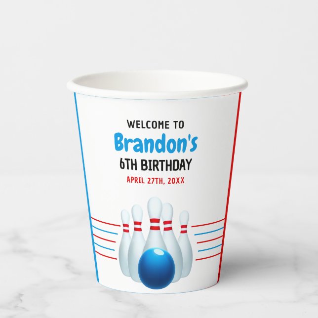 Vasos De Papel Divertido Blue & Red Bowling Kids 6º cumpleaños (Anverso)