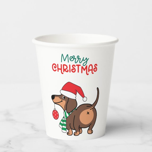 Vasos De Papel Divertido perro de Dachshund Cute Feliz Navidad (Anverso)