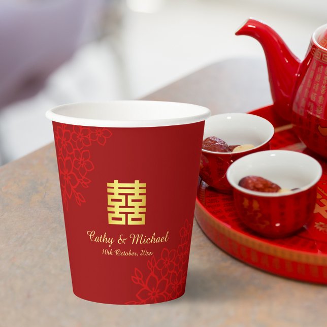 Vasos De Papel Doble felicidad de fondo floral boda chino (Subido por el creador)