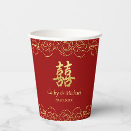 Vasos De Papel Doble Xi de bodas chinas con borde floral de oro r
