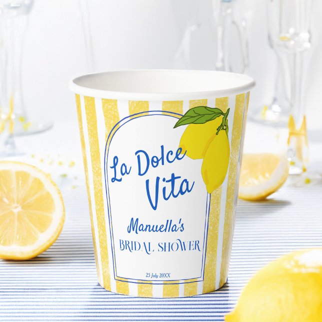 Vasos De Papel Dolce vita limones amarillos Italian despedida de  (Dolce vita yellow stripes Lemons Italian bridal shower monogrammed Paper Cups personalized decor)