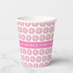 Vasos De Papel Donas con Purpurina Rosa Acuarela Cumpleaños Patró